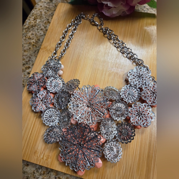 Floral Statement Necklace in Salmon, Pink, & Silver Tones - Picture 5 of 5